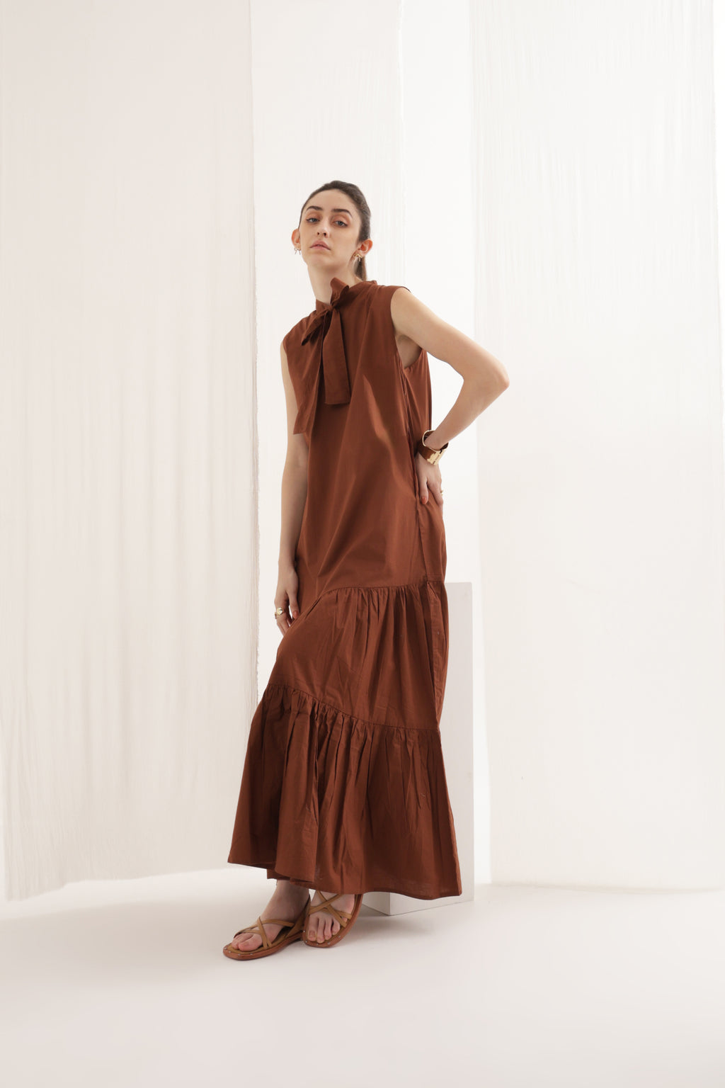 Brown Ruffle Bow Dress