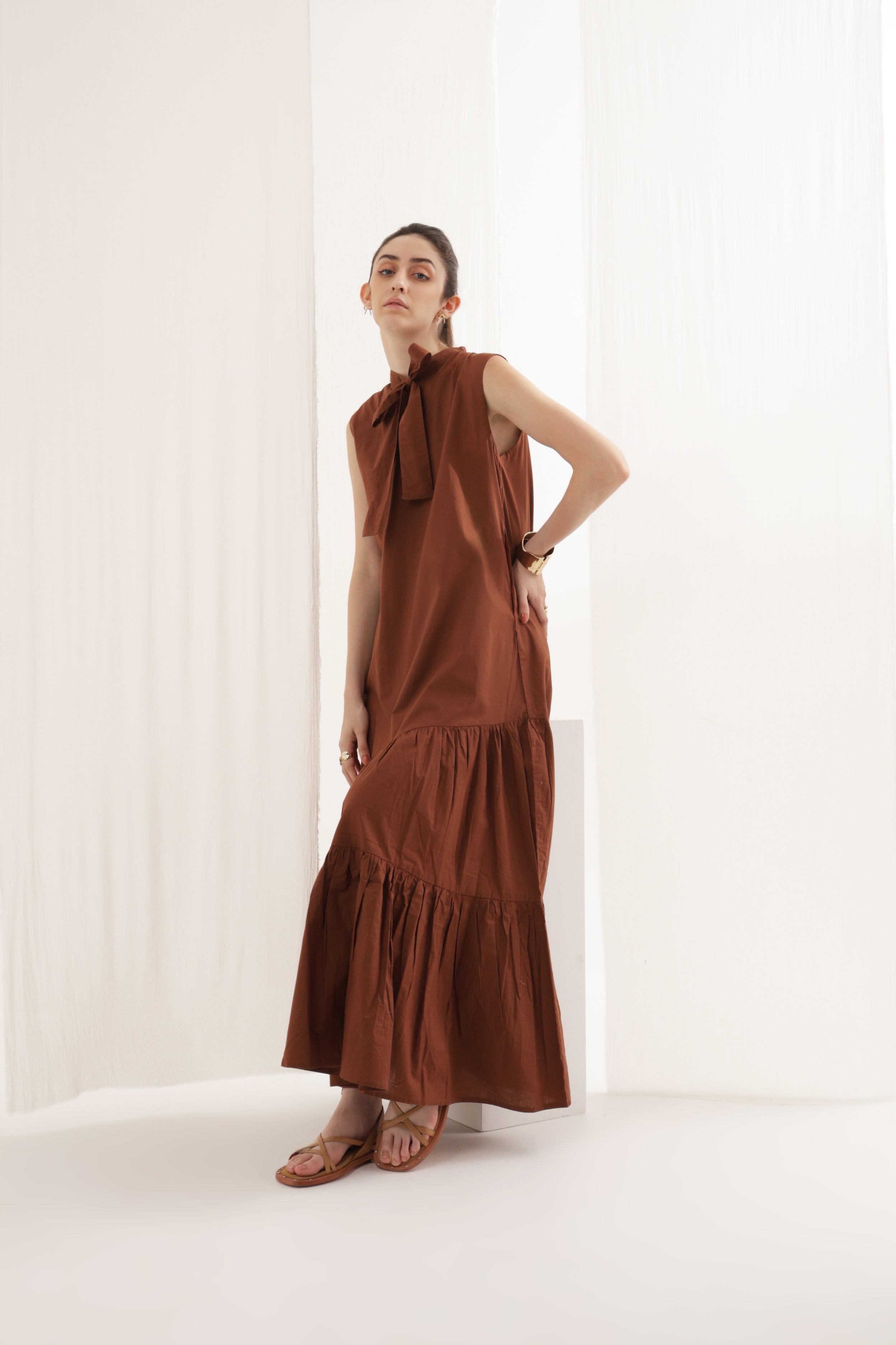 Brown Ruffle Bow Dress