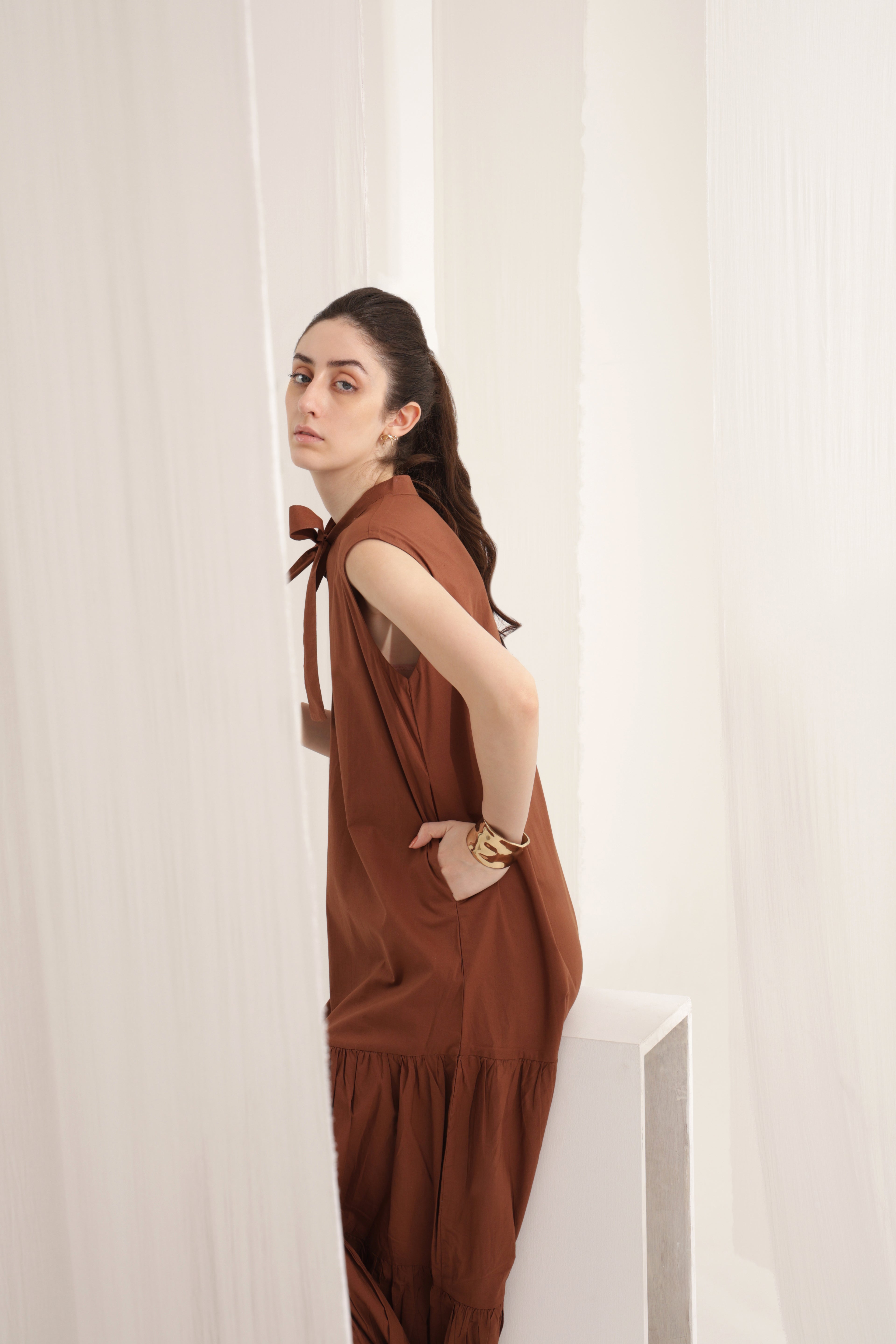 Brown Ruffle Bow Dress